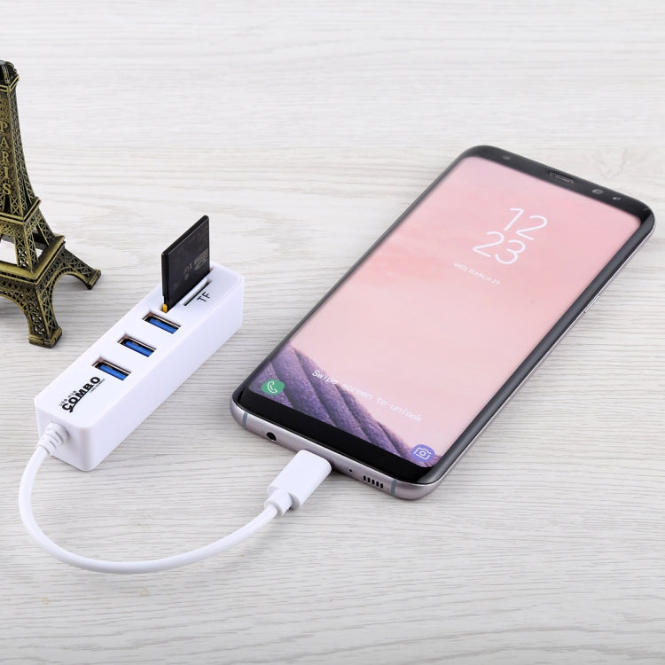 2 in 1 TF & SD Card Reader + 3 x USB Ports to USB-C / Type-C HUB Converter, Total Length: 24cm(White) by buy2fix