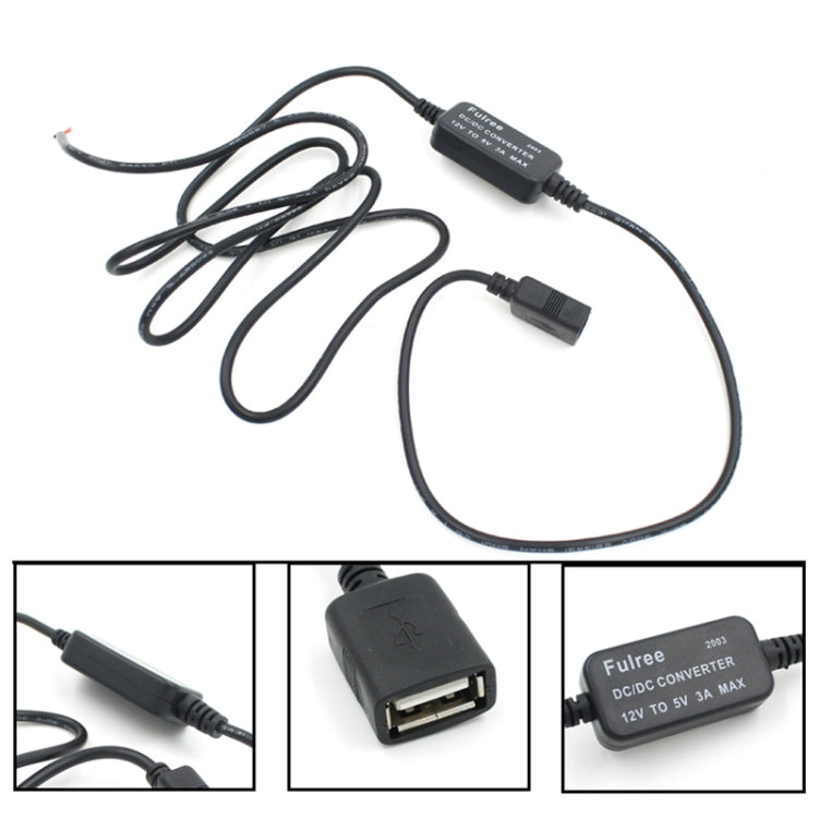 Car Motorcycle Single USB Car Charger DC 12V To 5V 3A Power Adapter for Car GPS Tracker DVR, Length: 1m by buy2fix