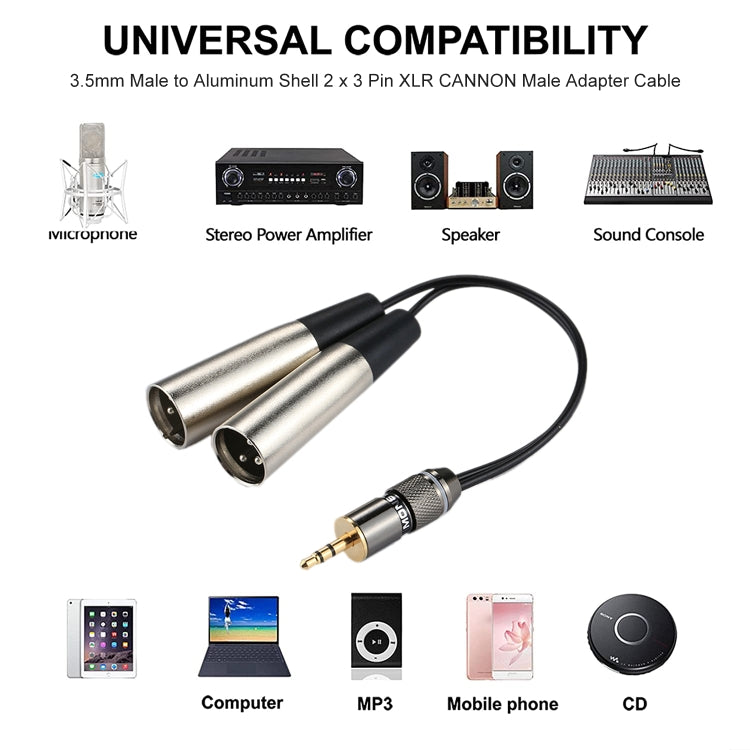 Metal Head 3.5mm Male to Aluminum Shell 2 x 3 Pin XLR CANNON Male Audio Connector Adapter Cable, Total Length: about 25cm - Microphone Audio Cable & Connector by buy2fix | Online Shopping UK | buy2fix