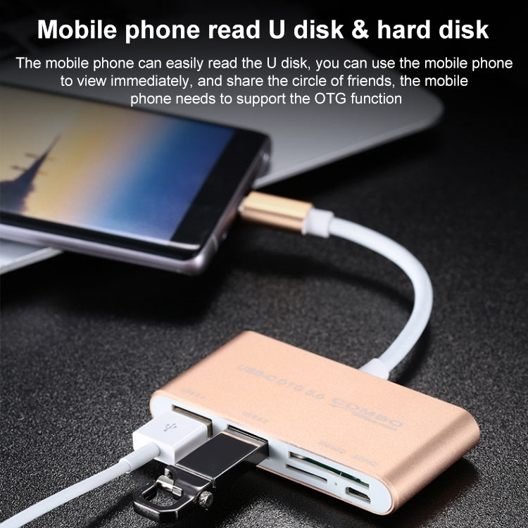 COMBO T-693 5 in 1 USB-C / Type-C to SD / TF / Micro SD Card Slot + USB 3.0 + USB 2.0Ports OTG HUB Card Reader(Gold) by buy2fix