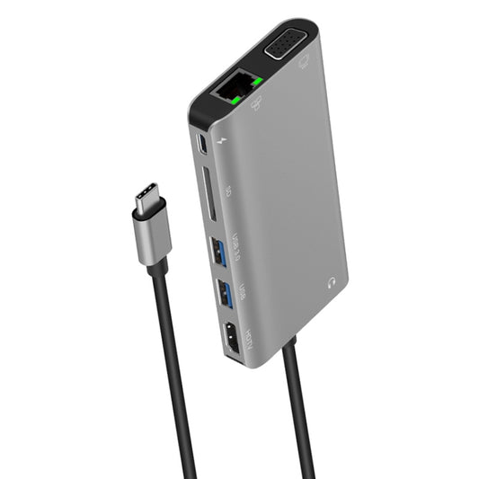 Onten 9591BD 8 in 1 USB-C / Type-C to PD USB-C / Type-C Charging + Gigabit Ethernet + Dual USB 3.0 + HDMI + VGA + SD Card Slot + 3.5mm AUX HUB(Grey) by Onten