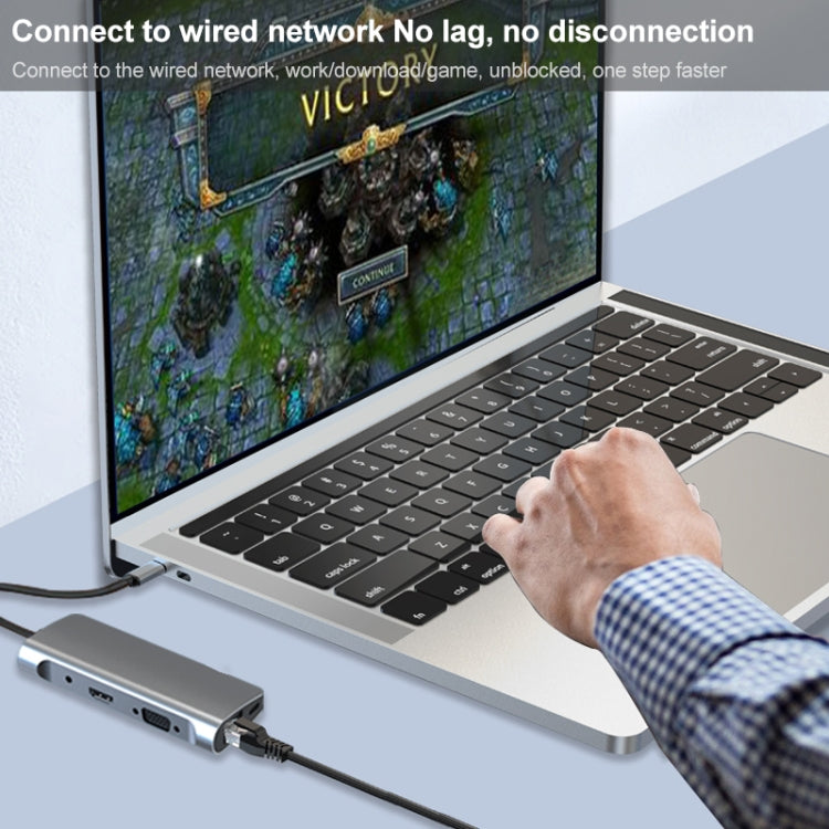 9 in 1 RJ45 + PD + SD/TF + USB 3.0 x 2 + HDMI + VGA + Audio to USB-C / Type-C HUB Adapter by buy2fix