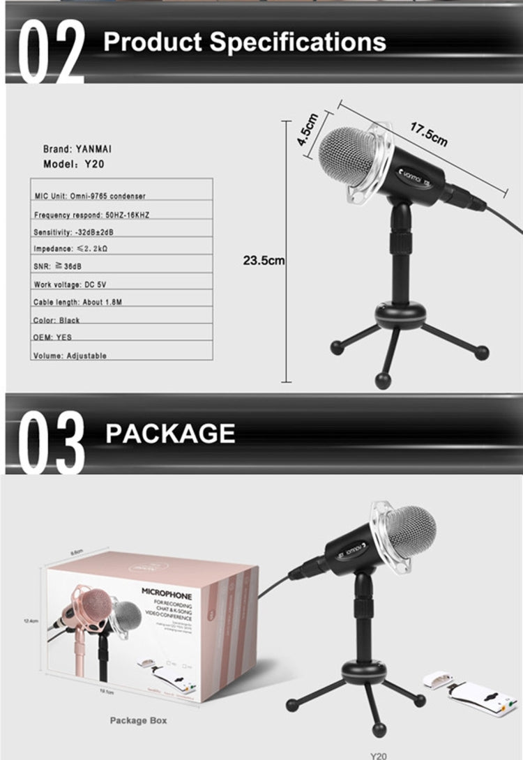 Yanmai Y20 Professional Game Condenser Microphone with Tripod Holder, Cable Length: 1.8m, Compatible with PC and Mac for Live Broadcast Show, KTV, etc.(Black) by Yanmai