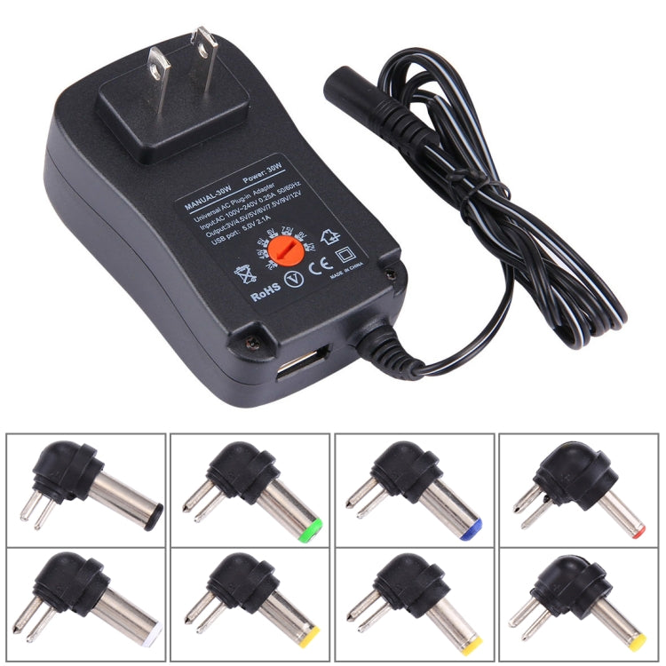 US Plug Universal 30W Power Wall Plug-in Adapter with 5V 2.1A USB Port, Tips: 6 PCS, Cable Length: About 1.2m - AC Adapers by buy2fix | Online Shopping UK | buy2fix