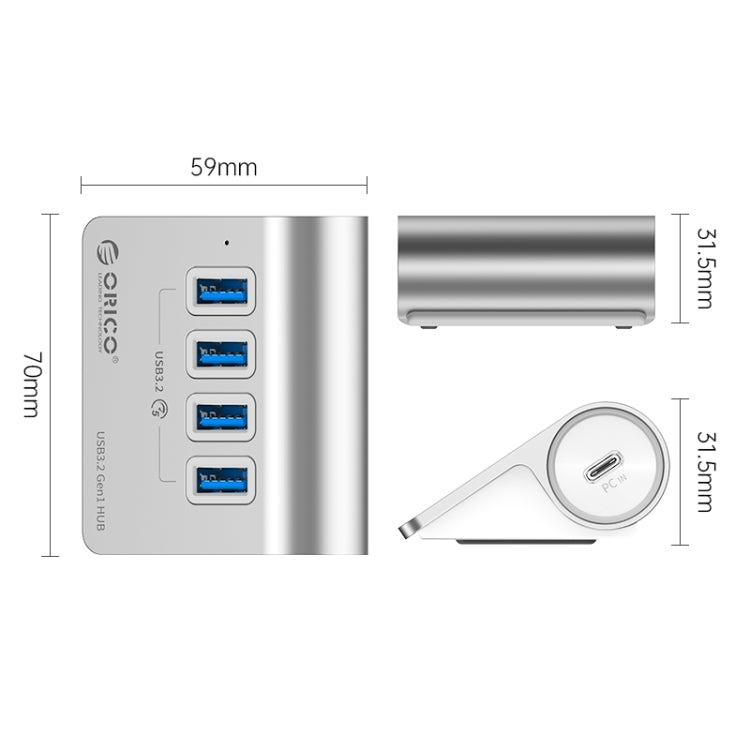 ORICO M3U4 Aluminum Alloy 4-Port USB 3.2 Gen1 5Gbps HUB (Silver) by ORICO