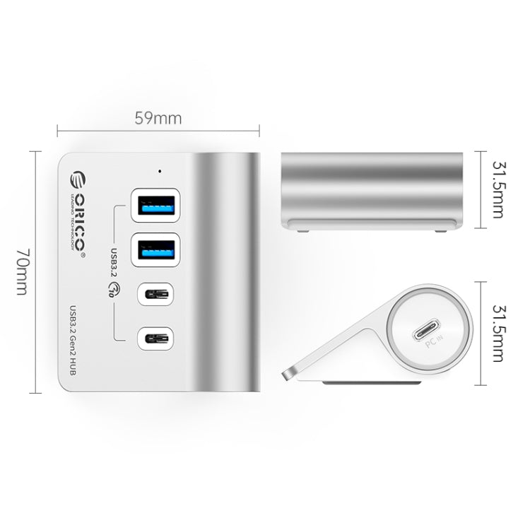 ORICO M3CU2 Aluminum Alloy 4-Port Type-C And USB 3.2 Gen2 10Gbps HUB(Silver) by ORICO
