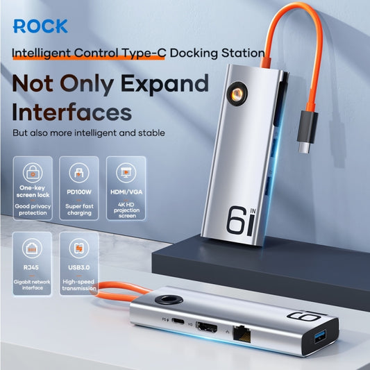 ROCK TR28 HDMI 4K Gigabit Network PD Quick Charger 6 in 1 USB 3.0 HUB (Silver Black) by ROCK