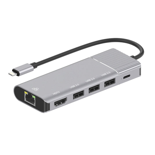 79591 6 in 1 8 Pin to RJ45 + HDMI + 8 Pin Charging + 3 USB 2.0 Ports Multifunctional HUB Converter Docking Station by buy2fix