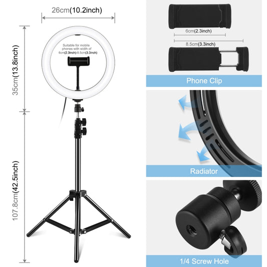 PULUZ 10.2 inch 26cm LED Ring Light + 1.1m Tripod Mount Vlogging Video Light Live Broadcast Kits by PULUZ