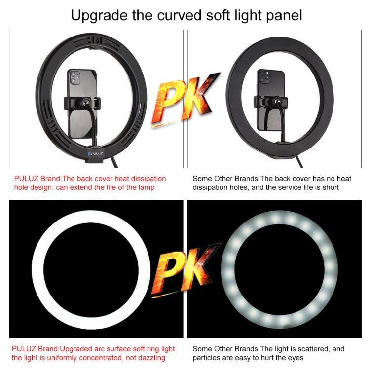 PULUZ 1.1m Tripod Mount + 10.2 inch 26cm RGBW LED Ring Vlogging Video Light Live Broadcast Kits with Remote Control & Cold Shoe Tripod Ball Head & Phone Clamp(Black) - Ring Light by PULUZ | Online Shopping UK | buy2fix