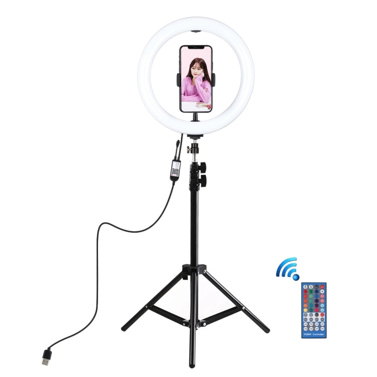 PULUZ 1.1m Tripod Mount + 10.2 inch 26cm RGBW LED Ring Vlogging Video Light Live Broadcast Kits with Remote Control & Cold Shoe Tripod Ball Head & Phone Clamp(Black) - Ring Light by PULUZ | Online Shopping UK | buy2fix
