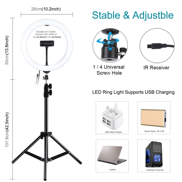 PULUZ 1.1m Tripod Mount + 10.2 inch 26cm RGBW LED Ring Vlogging Video Light Live Broadcast Kits with Remote Control & Cold Shoe Tripod Ball Head & Phone Clamp(Black) - Ring Light by PULUZ | Online Shopping UK | buy2fix