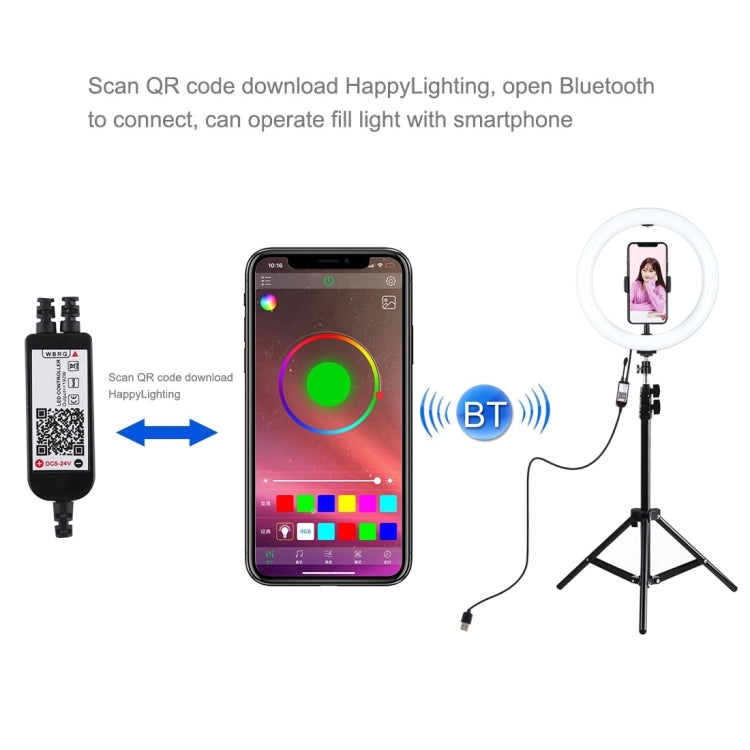 PULUZ 1.1m Tripod Mount + 10.2 inch 26cm RGBW LED Ring Vlogging Video Light Live Broadcast Kits with Remote Control & Cold Shoe Tripod Ball Head & Phone Clamp(Black) - Ring Light by PULUZ | Online Shopping UK | buy2fix