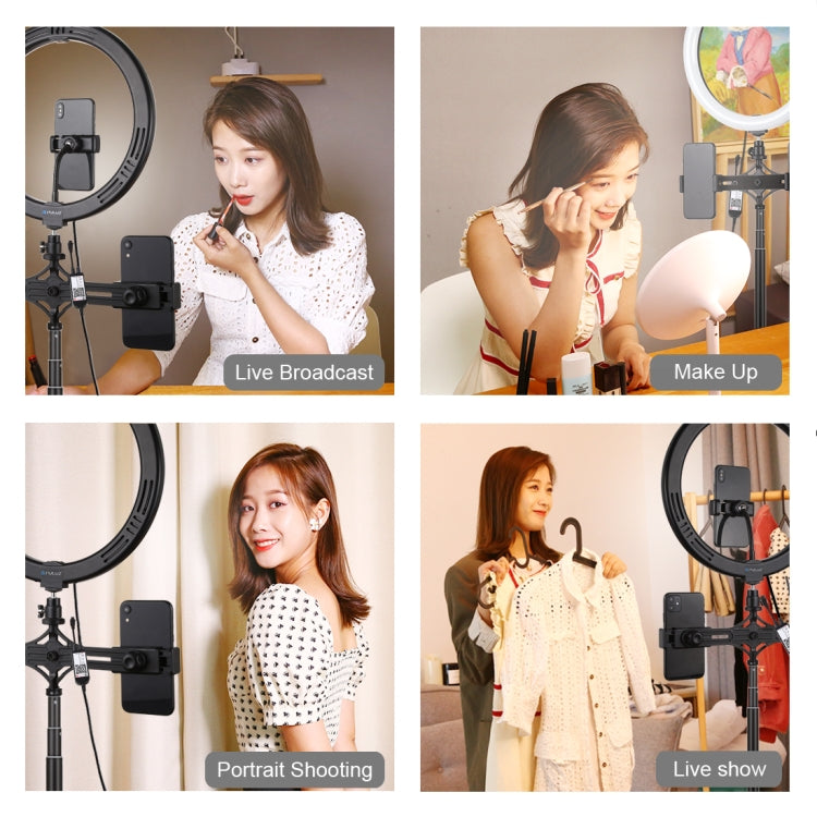 PULUZ 11.8 inch 30cm RGBW Light + 1.65m Mount + Dual Phone Brackets Curved Surface RGBW Dimmable LED Ring Selfie Vlogging Light Live Broadcast Kits with Cold Shoe Tripod Adapter & Phone Clamp & Remote Control(Black) - Ring Light by PULUZ | Online Shopping UK | buy2fix