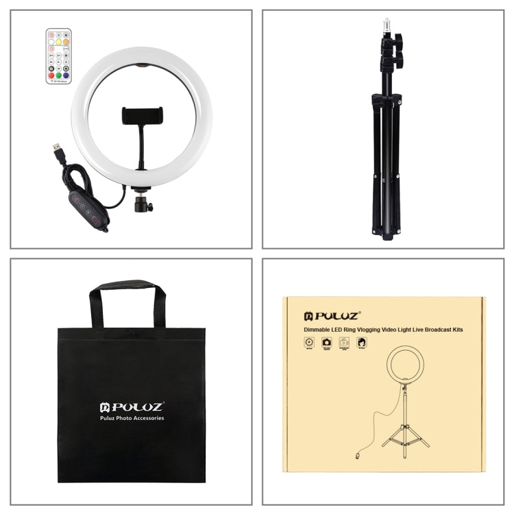 PULUZ 10.2 inch 26cm Marquee LED RGBWW Selfie Beauty Light + 1.1m Tripod Mount 168 LED Dual-color Temperature Dimmable Ring Vlogging Photography Video Lights with Cold Shoe Tripod Ball Head & Remote Control & Phone Clamp(Black) by PULUZ