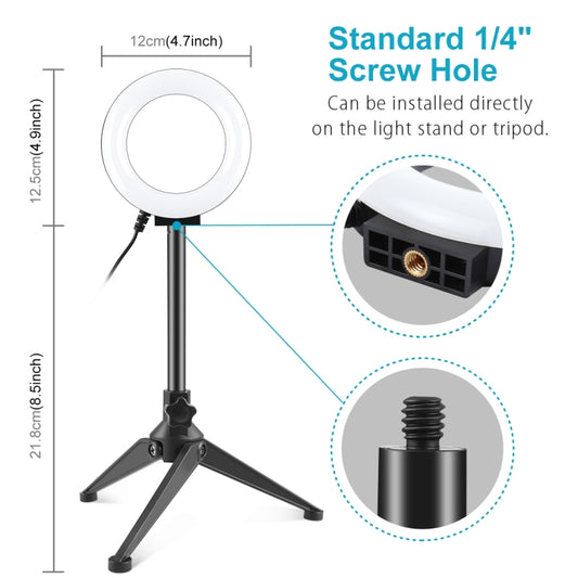 PULUZ 4.7 inch 12cm Ring Light + Desktop Tripod Selfie Stick Mount USB White Light LED Ring Selfie Beauty Vlogging Photography Video Lights Kits(Black) by PULUZ