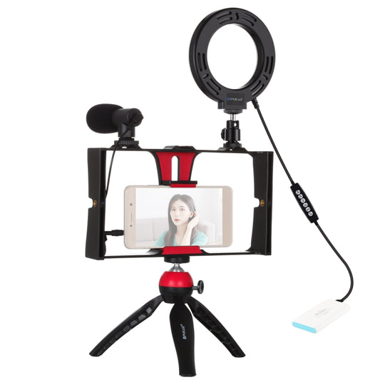 PULUZ 4 in 1 Vlogging Live Broadcast Smartphone Video Rig + 4.7 inch 12cm RGBW Ring LED Selfie Light + Microphone + Pocket Tripod Mount Kits with Cold Shoe Tripod Head(Red) by PULUZ