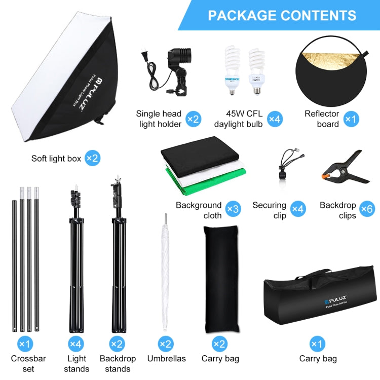 PULUZ LED Light Studio Softbox Photography Kit with Background & Reflective & Tripod Mount & Sandbags (US Plug) by PULUZ