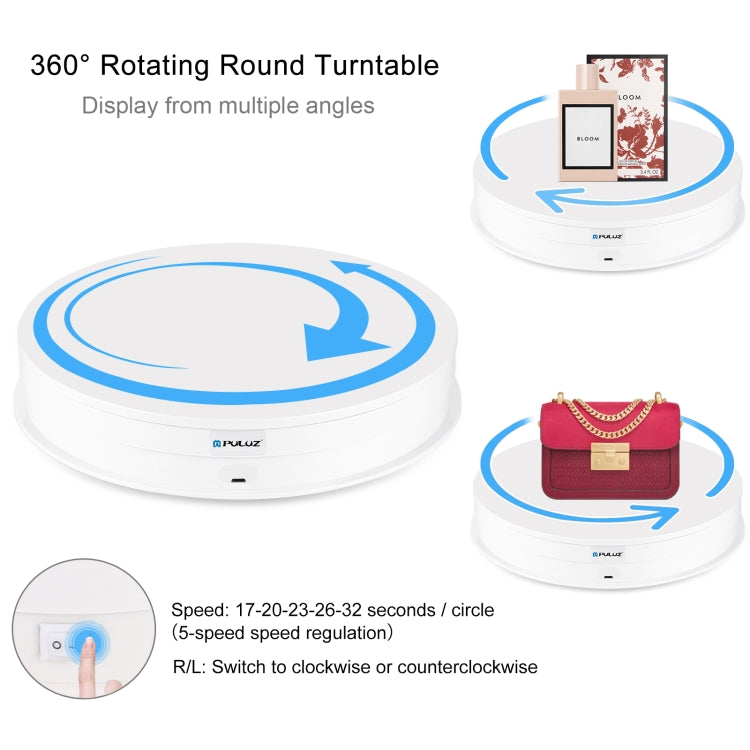 PULUZ 30cm Adjusting Speed Rotating Turntable Display Stand, Load 10-15kg, US Plug(White) - by PULUZ | Online Shopping UK | buy2fix