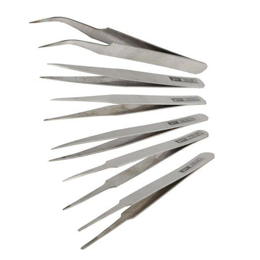 6 PCS Stainless Steel TS-10/ 11/ 12/ 13/ 14/ 15 Straight and Angled Tweezerses(Grey) by VETUS