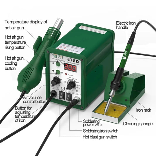 BEST BST-878D 2 in 1 AC 220V 700W LED Displayer Helical Wind Adjustable Temperature Unleaded Hot Air Gun + Solder Station & Soldering Iron(Green) by BEST