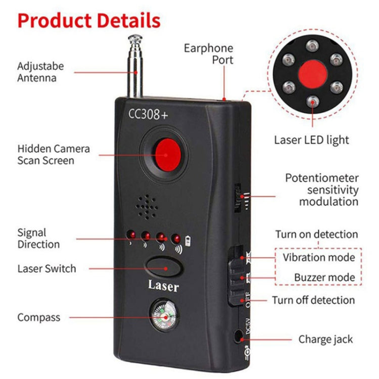 CC308+ Multi-Detector Full-Range All-Round Detector For Hidden Mini Camera / IP Lens/ GMS / RF Signal Detector Finder(Black) - RF Signal Detector by buy2fix | Online Shopping UK | buy2fix