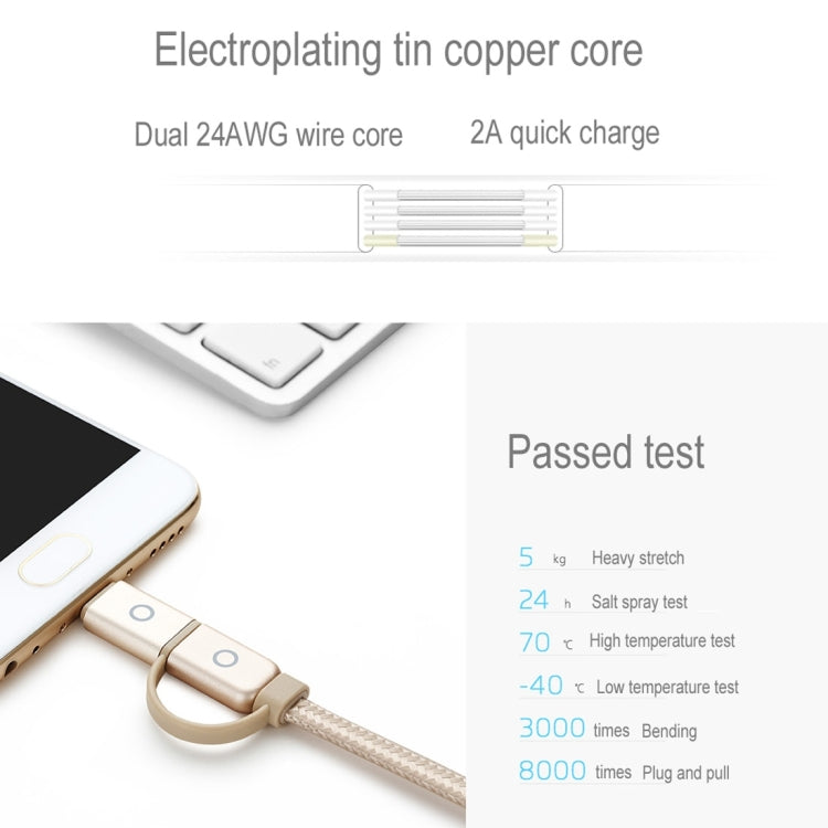 Meizu 1m 2 in 1 Noodle Weave Style Metal Head 5V 2.0A USB-C / Type-C + Micro USB to USB 2.0 Data Sync Charging Cable(Gold) by buy2fix