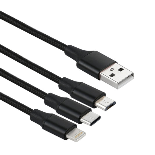 2A 1.2m 3 in 1 USB to 8 Pin & USB-C / Type-C & Micro USB Nylon Weave Charging Cable(Black) by buy2fix