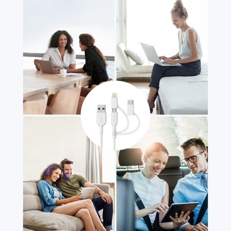 ANKER 3 in 1 8 Pin + Micro USB + USB-C / Type-C Interface MFI Certificated Data Cable(White) by ANKER
