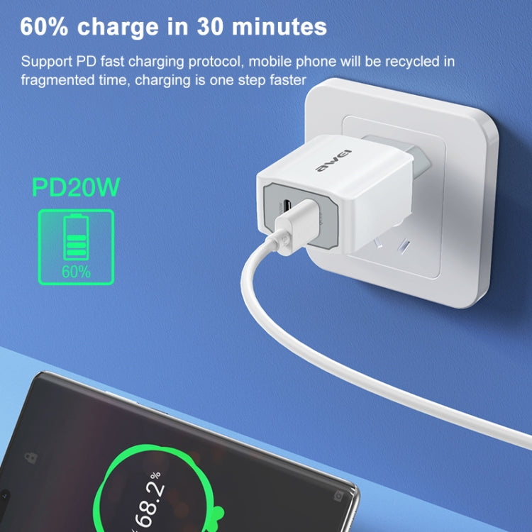 awei PD4 20W PD Type-C + QC 3.0 USB Interface Fast Charging Travel Charger with Data Cable, EU Plug by awei