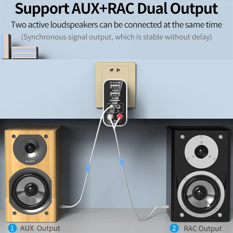 K16 2 in 1 3.5mm AUX + RAC Dual Output Plug-in Bluetooth 5.0 Audio Transmitter Receiver with Remote Control, CN Plug (Black) - Audio Receiver Transmitter by buy2fix | Online Shopping UK | buy2fix