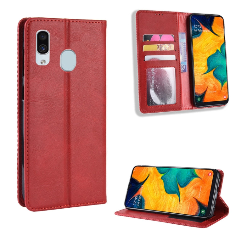 Magnetic Buckle Retro Crazy Horse Texture Horizontal Flip Leather Case for Galaxy A20/A30, with Holder & Card Slots & Photo Frame(Red) by buy2fix