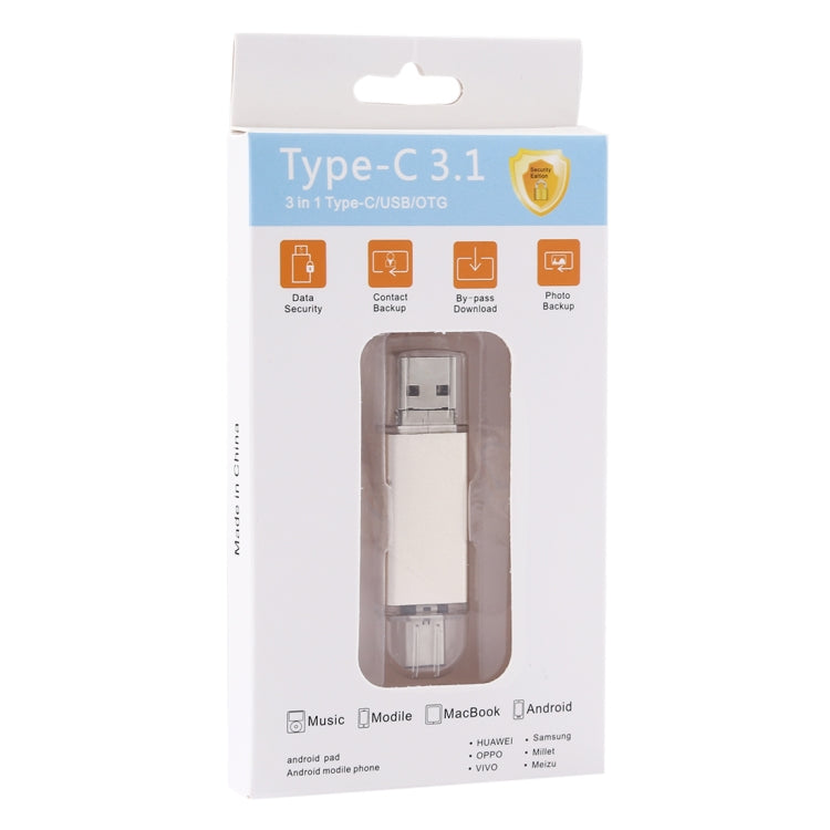 32GB 3 in 1 USB-C / Type-C + USB 2.0 + OTG Flash Disk, For Type-C Smartphones & PC Computer (Gold) - U Disk & Card Reader by buy2fix | Online Shopping UK | buy2fix