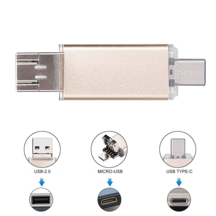 32GB 3 in 1 USB-C / Type-C + USB 2.0 + OTG Flash Disk, For Type-C Smartphones & PC Computer (Gold) - U Disk & Card Reader by buy2fix | Online Shopping UK | buy2fix