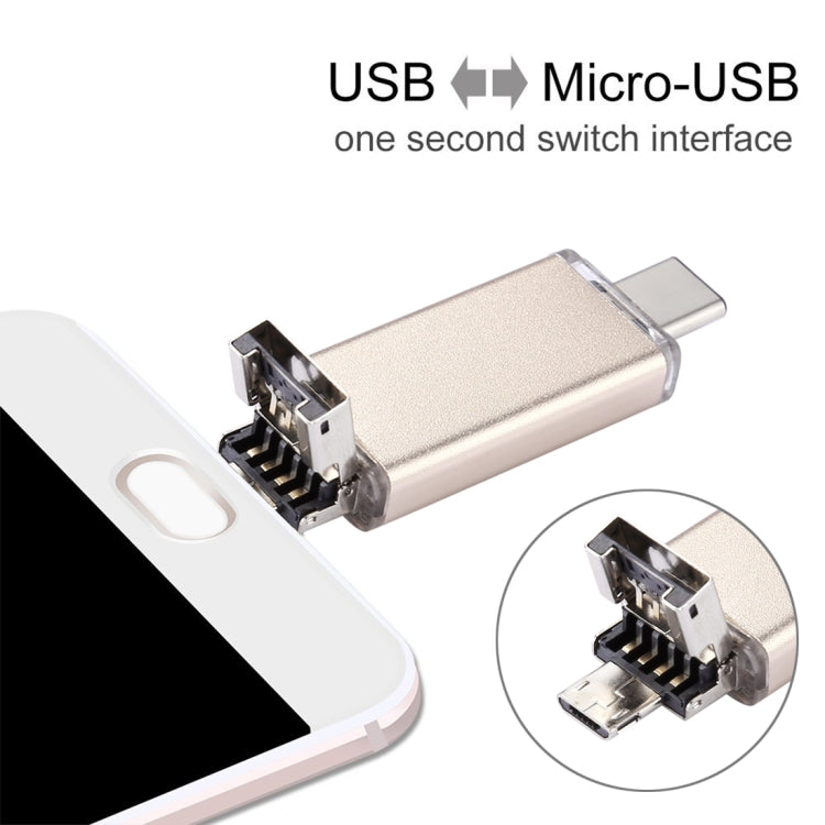 32GB 3 in 1 USB-C / Type-C + USB 2.0 + OTG Flash Disk, For Type-C Smartphones & PC Computer (Gold) - U Disk & Card Reader by buy2fix | Online Shopping UK | buy2fix