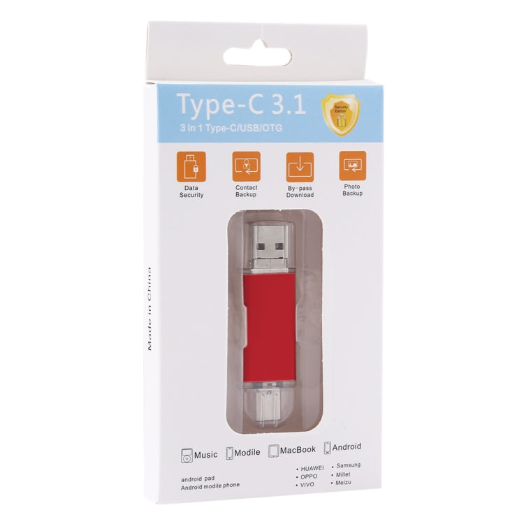 32GB 3 in 1 USB-C / Type-C + USB 2.0 + OTG Flash Disk, For Type-C Smartphones & PC Computer (Red) - U Disk & Card Reader by buy2fix | Online Shopping UK | buy2fix