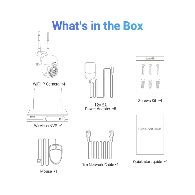 ESCAM WNK714 3.0 Million Pixels 4-channel HD Dome Camera NVR Wireless Monitoring Kit, EU Plug by ESCAM