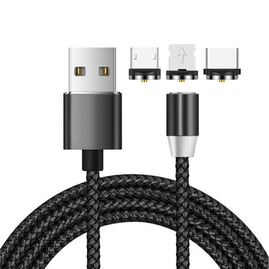3 in 1 USB to 8 Pin + Type-C/USB-C + Micro USB Magnetic Metal Interface Nylon Braided Charging Cable, Length: 1m(Black) by buy2fix