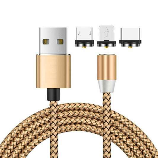 3 in 1 USB to 8 Pin + Type-C/USB-C + Micro USB Magnetic Metal Interface Nylon Braided Charging Cable, Length: 1m(Golden) by buy2fix
