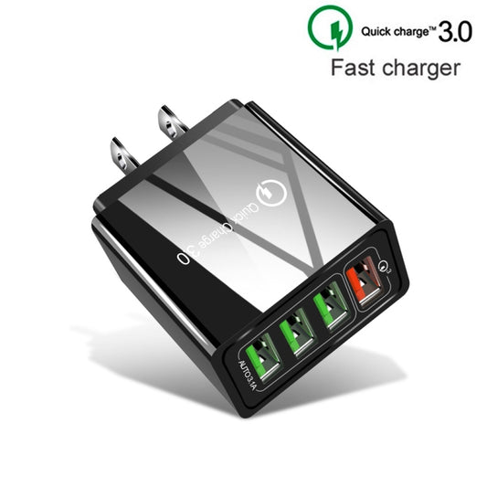 2 in 1 USB to USB-C / Type-C Data Cable + 30W QC 3.0 4 USB Interfaces Mobile Phone Tablet PC Universal Quick Charger Travel Charger Set, US Plug(Black) by buy2fix