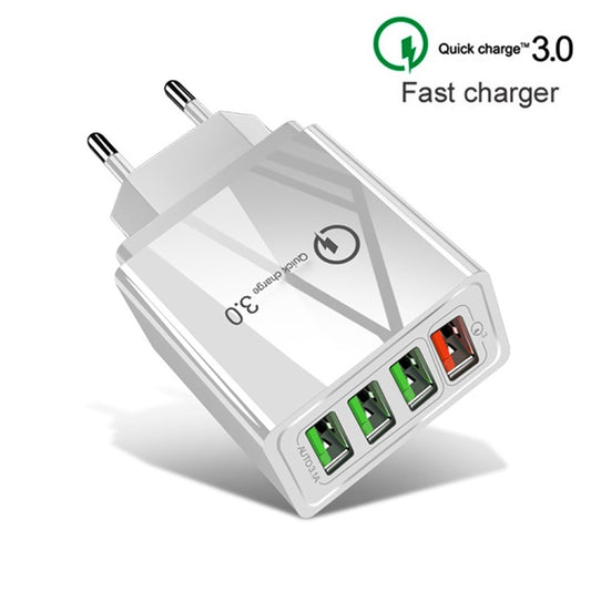 2 in 1 USB to USB-C / Type-C Data Cable + 30W QC 3.0 4 USB Interfaces Mobile Phone Tablet PC Universal Quick Charger Travel Charger Set, EU Plug(White) by buy2fix