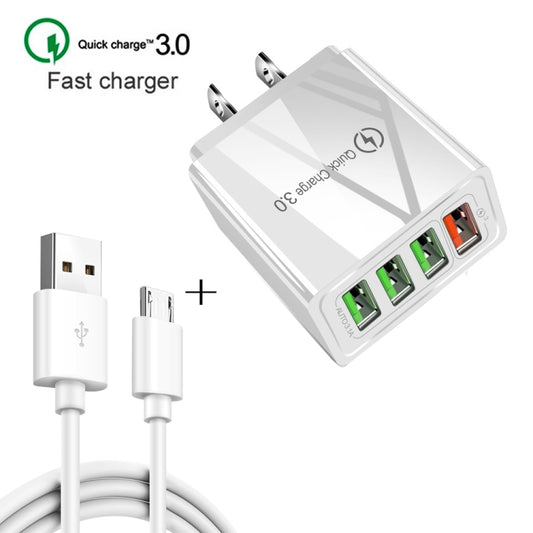 2 in 1 1m USB to Micro USB Data Cable + 30W QC 3.0 4 USB Interfaces Mobile Phone Tablet PC Universal Quick Charger Travel Charger Set, US Plug(Black) by buy2fix