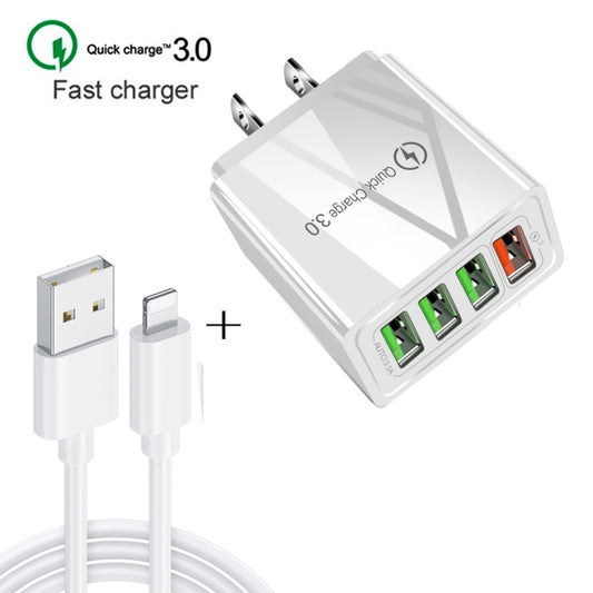 2 in 1 1m USB to 8 Pin Data Cable + 30W QC 3.0 4 USB Interfaces Mobile Phone Tablet PC Universal Quick Charger Travel Charger Set, US Plug(White) by buy2fix