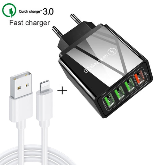 2 in 1 1m USB to 8 Pin Data Cable + 30W QC 3.0 4 USB Interfaces Mobile Phone Tablet PC Universal Quick Charger Travel Charger Set, EU Plug(Black) by buy2fix