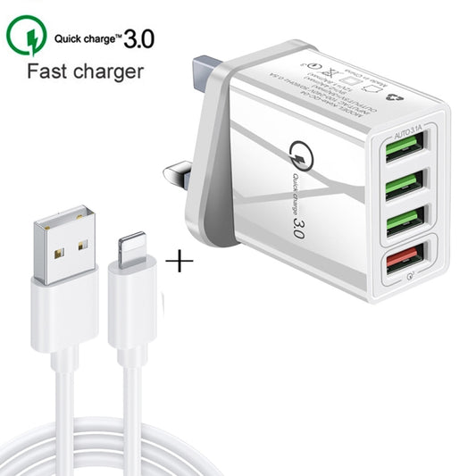 2 in 1 1m USB to 8 Pin Data Cable + 30W QC 3.0 4 USB Interfaces Mobile Phone Tablet PC Universal Quick Charger Travel Charger Set, UK Plug(White) by buy2fix