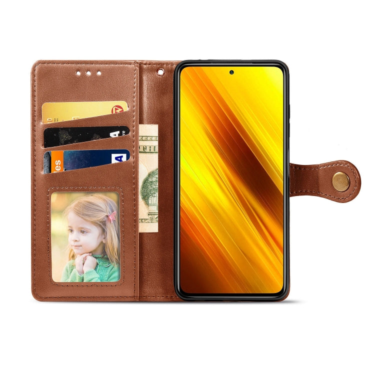 For Xiaomi Poco X3 NFC Retro Solid Color Leather Buckle Phone Case with Lanyard & Photo Frame & Card Slot & Wallet & Stand Function(Brown) - Xiaomi Cases by buy2fix | Online Shopping UK | buy2fix