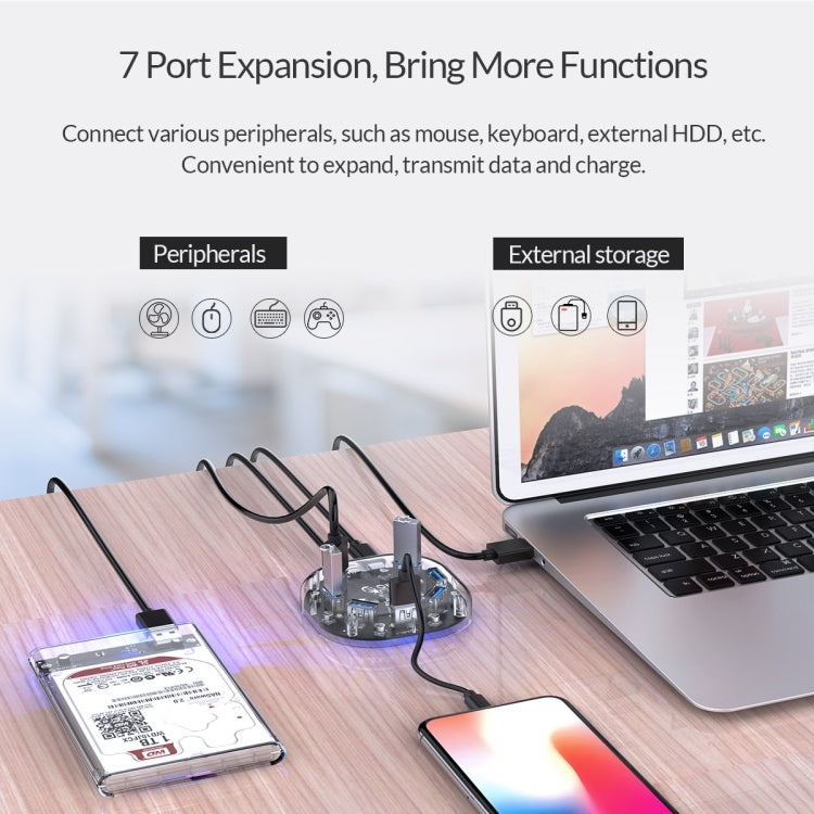 ORICO H7U-U3 7 Port USB3.0 Transparent HUB - USB 3.0 HUB by ORICO | Online Shopping UK | buy2fix
