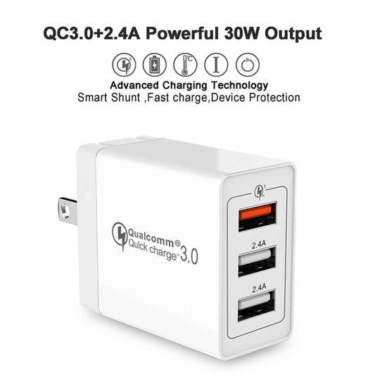 SDC-30W 2 in 1 USB to 8 Pin Data Cable + 30W QC 3.0 USB + 2.4A Dual USB 2.0 Ports Mobile Phone Tablet PC Universal Quick Charger Travel Charger Set, US Plug by buy2fix
