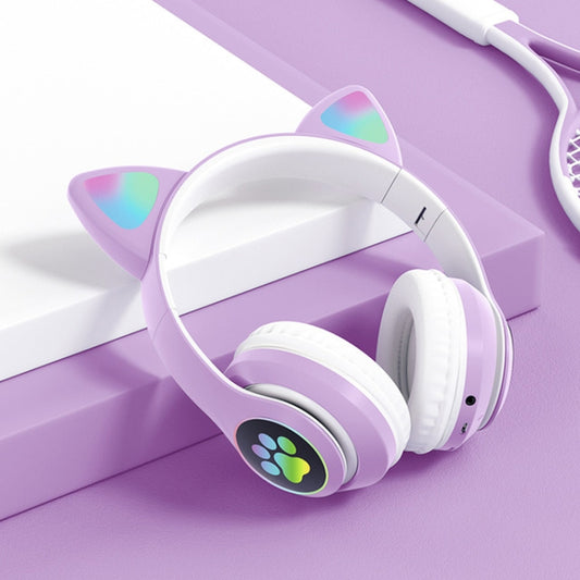 T&G TN-28 3.5mm Bluetooth 5.0 Dual Connection RGB Cat Ear Bass Stereo Noise-cancelling Headphones Support TF Card With Mic(Purple) by T&G