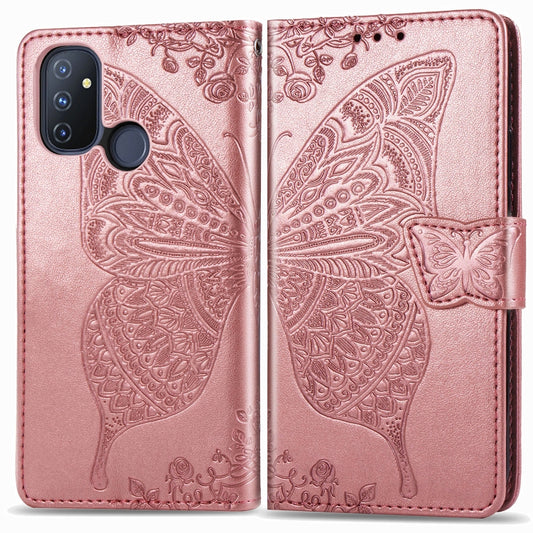 For OnePlus Nord N100 Butterfly Love Flower Embossed Horizontal Flip Leather Case with Bracket / Card Slot / Wallet / Lanyard(Rose Gold) by buy2fix
